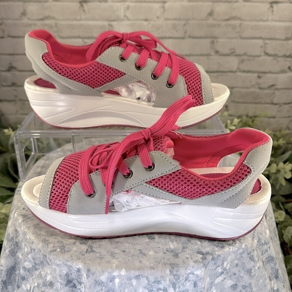 FASHION - Pink & Gray Mesh Knit Open Toe Platform Muffin Sandals WMS 7M🩷NWOT🩶 - Picture 6 of 11